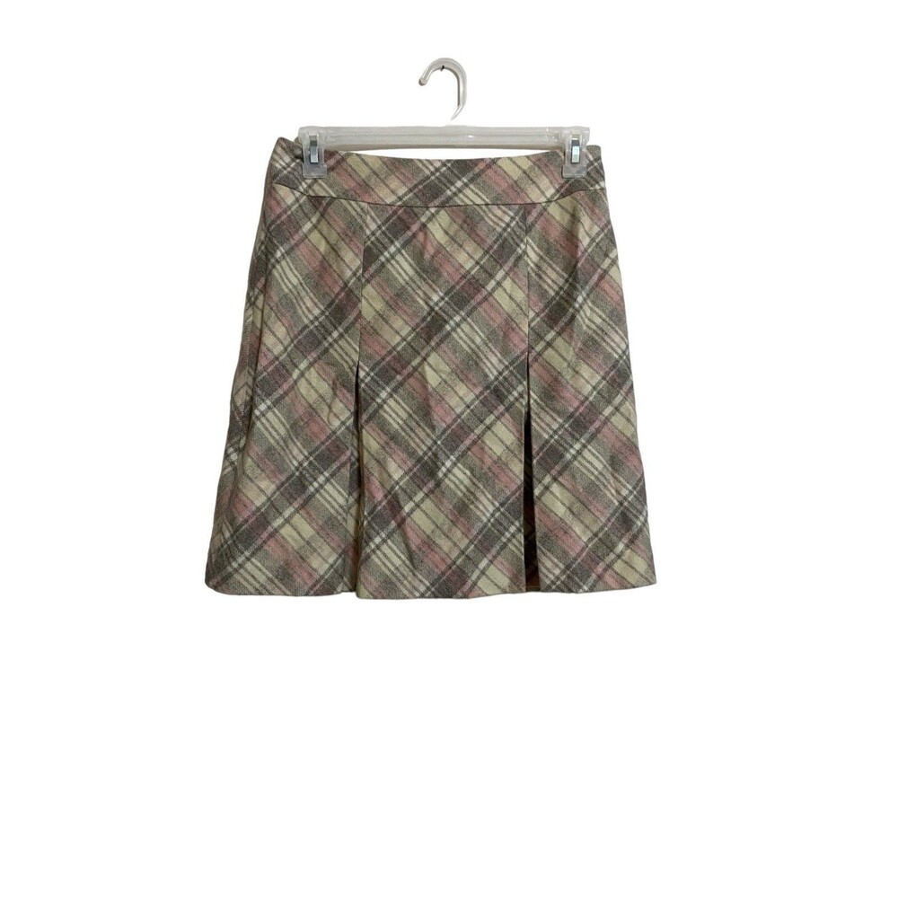 Ann Taylor LOFT Plaid Wool Blend Pleated A-Line Skirt 8 Pink Gray Beige Preppy